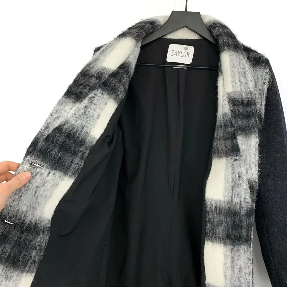 SAYLOR Brushed Wool Long Coat Buffalo Check Black White M